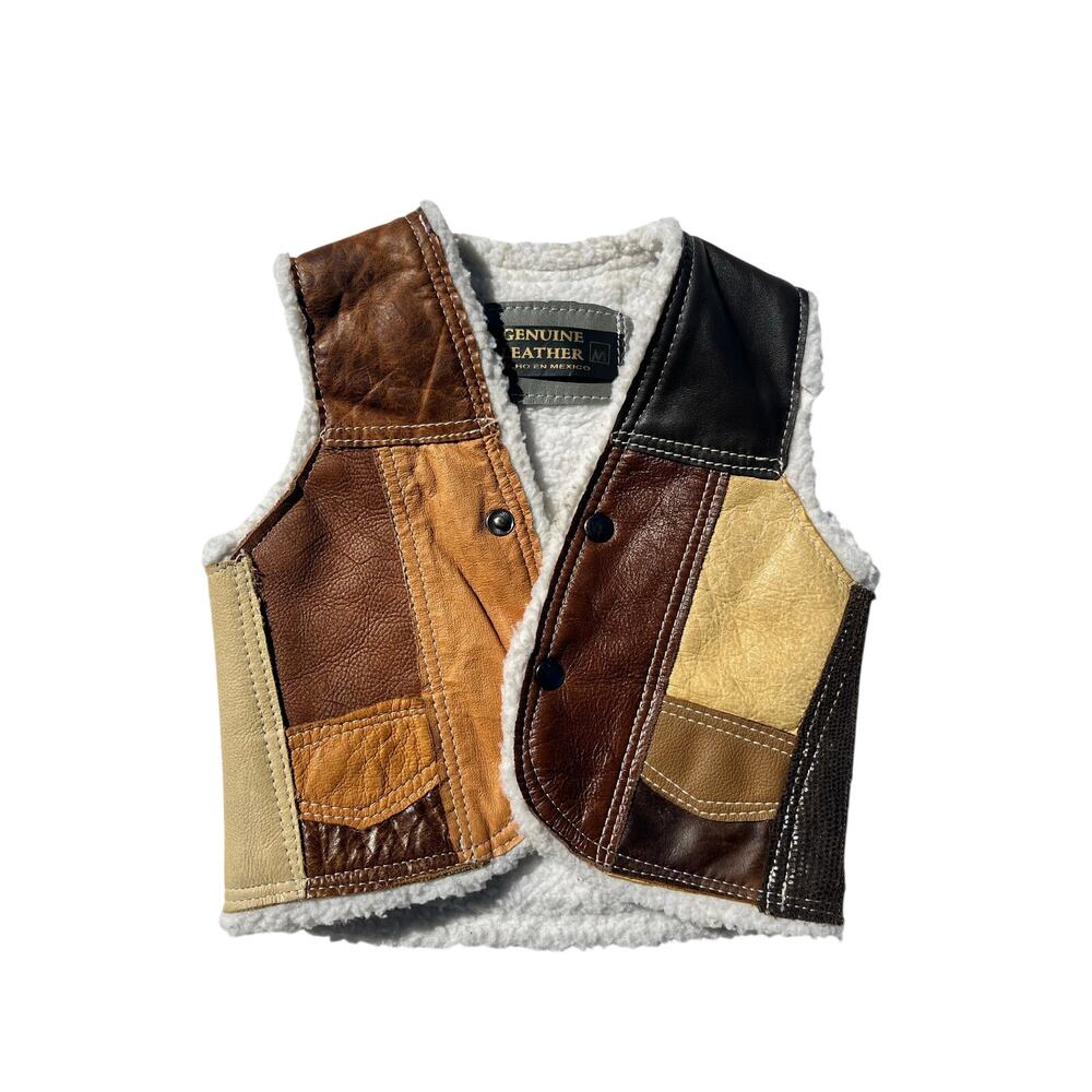 Vintage Leather Patchwork Kids Vest Sherpa Fleece Lined 2T-3T Cowboy Western
